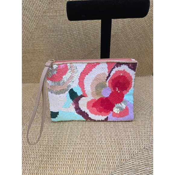LULU Floral Sequin Clutch Wristlet With Peach‎ Satin Lining & Zipper Closure - Picture 8 of 10